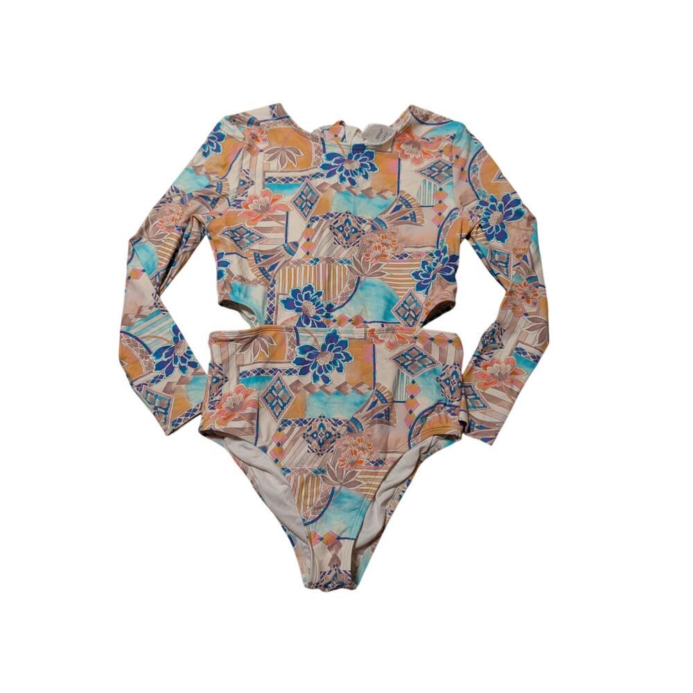 O'NEILL Floral long sleeve, cut out girls one piece swim suit, size 14, surf